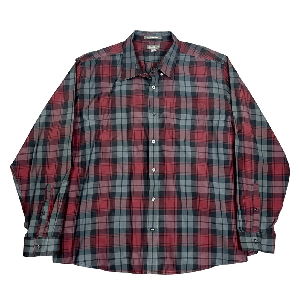 Eddie‎ Bauer Shirt Men's 2XL Black Red Plaid Wrinkle Free Relaxed Fit Button Up